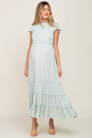 Mint Green Smocked Ruffle Accent Tiered Maternity Maxi Dress