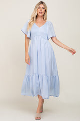 Light Blue Satin Smocked Maternity Midi Dress