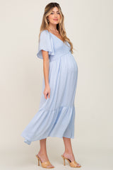 Light Blue Satin Smocked Maternity Midi Dress