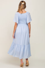 Light Blue Satin Smocked Maternity Midi Dress