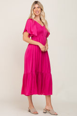 Magenta Satin Smocked Midi Dress