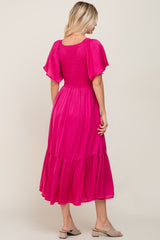 Magenta Satin Smocked Midi Dress