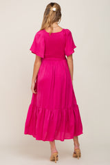 Magenta Satin Smocked Maternity Midi Dress