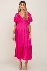 Magenta Satin Smocked Maternity Midi Dress