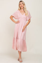 Light Pink Satin Smocked Maternity Midi Dress