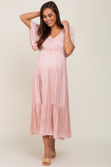 Light Pink Satin Smocked Maternity Midi Dress