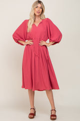 Magenta Front Tie Keyhole 3/4 Sleeve Maternity Midi Dress