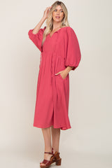 Magenta Front Tie Keyhole 3/4 Sleeve Midi Dress