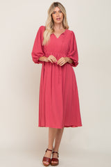 Magenta Front Tie Keyhole 3/4 Sleeve Midi Dress