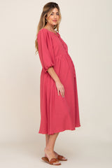 Magenta Front Tie Keyhole 3/4 Sleeve Maternity Midi Dress