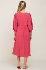 Magenta Front Tie Keyhole 3/4 Sleeve Maternity Midi Dress