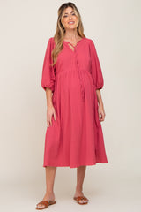 Magenta Front Tie Keyhole 3/4 Sleeve Maternity Midi Dress