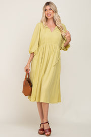 Yellow Front Tie Keyhole 3/4 Sleeve Midi Dress