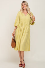 Yellow Front Tie Keyhole 3/4 Sleeve Maternity Midi Dress