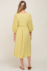 Yellow Front Tie Keyhole 3/4 Sleeve Maternity Midi Dress