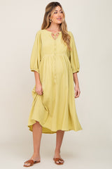 Yellow Front Tie Keyhole 3/4 Sleeve Maternity Midi Dress