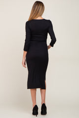 Black Ribbed Ruched Shoulder Side Slit Maternity Midi Dress