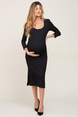 Black Ribbed Ruched Shoulder Side Slit Maternity Midi Dress