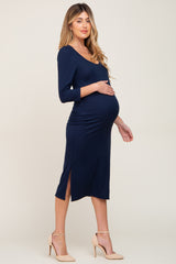 Navy Blue Ribbed Ruched Shoulder Side Slit Maternity Midi Dress