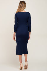 Navy Blue Ribbed Ruched Shoulder Side Slit Maternity Midi Dress