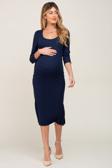 Navy Blue Ribbed Ruched Shoulder Side Slit Maternity Midi Dress