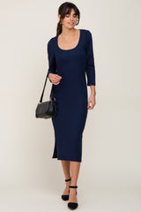 Navy Blue Ribbed Ruched Shoulder Side Slit Maternity Midi Dress