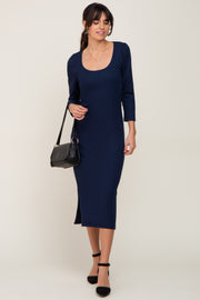 Navy Blue Ribbed Ruched Shoulder Side Slit Midi Dress