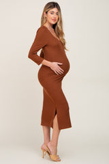 Mocha Ribbed Ruched Shoulder Side Slit Maternity Midi Dress