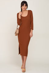 Mocha Ribbed Ruched Shoulder Side Slit Maternity Midi Dress