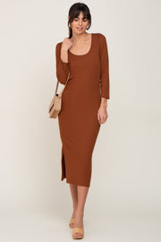 Mocha Ribbed Ruched Shoulder Side Slit Midi Dress