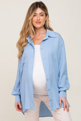 Light Blue Button Down Collared High-Low Hem Maternity Blouse