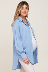 Light Blue Button Down Collared High-Low Hem Maternity Blouse