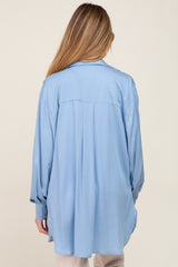 Light Blue Button Down Collared High-Low Hem Maternity Blouse