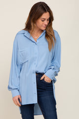 Light Blue Button Down Collared High-Low Hem Maternity Blouse