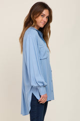 Light Blue Button Down Collared High-Low Hem Blouse