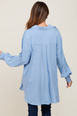 Light Blue Button Down Collared High-Low Hem Blouse