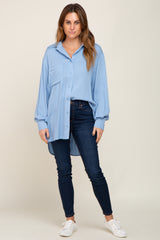 Light Blue Button Down Collared High-Low Hem Blouse