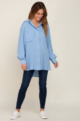 Light Blue Button Down Collared High-Low Hem Blouse