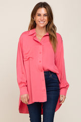 Coral Button Down Collared High-Low Hem Maternity Blouse