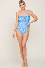 Blue Leaf Print Ruffle Trim One Piece Swimsuit