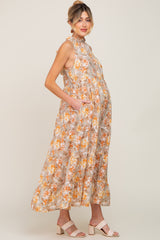 Taupe Floral Ruffle Mock Neck Tiered Maternity Maxi Dress