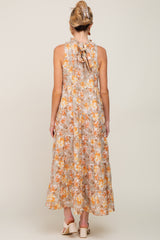 Taupe Floral Ruffle Mock Neck Tiered Maternity Maxi Dress