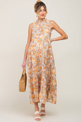 Taupe Floral Ruffle Mock Neck Tiered Maternity Maxi Dress