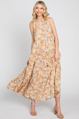 Taupe Floral Ruffle Mock Neck Tiered Maxi Dress