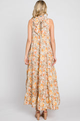 Taupe Floral Ruffle Mock Neck Tiered Maxi Dress