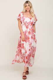 Red Floral Chiffon Puff Sleeve Maxi Dress