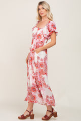 Red Floral Chiffon Puff Sleeve Maxi Dress