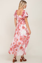 Red Floral Chiffon Puff Sleeve Maxi Dress