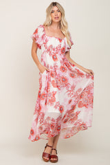 Red Floral Chiffon Puff Sleeve Maxi Dress