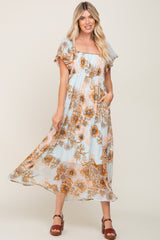 Light Blue Floral Chiffon Puff Sleeve Maternity Maxi Dress